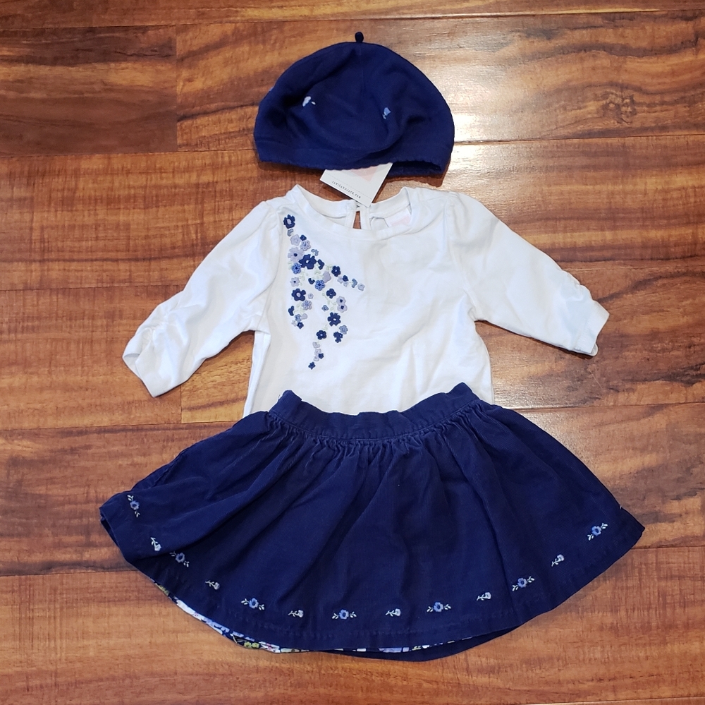 Janie and Jack NWT/EUC 6-12 months floral embroidered top, corduroy skirt, beret
